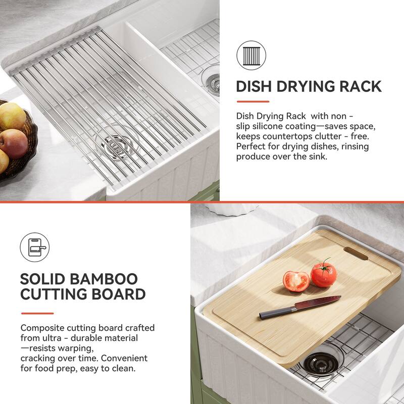 HOROW 33 in. Farmhouse/Apron-Front 50/50 Double Bowl White Fireclay Kitchen Sink with Workstation,Cutting Board,Grid, Strainer