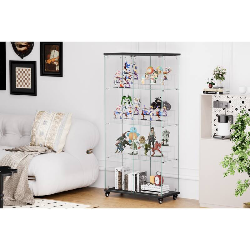 4 Tier Glass Display Cabinet, Double Door Glass Cabinet with Two Locks, Floor Standing Storage Cabinet with 6 Acrylic Shelves