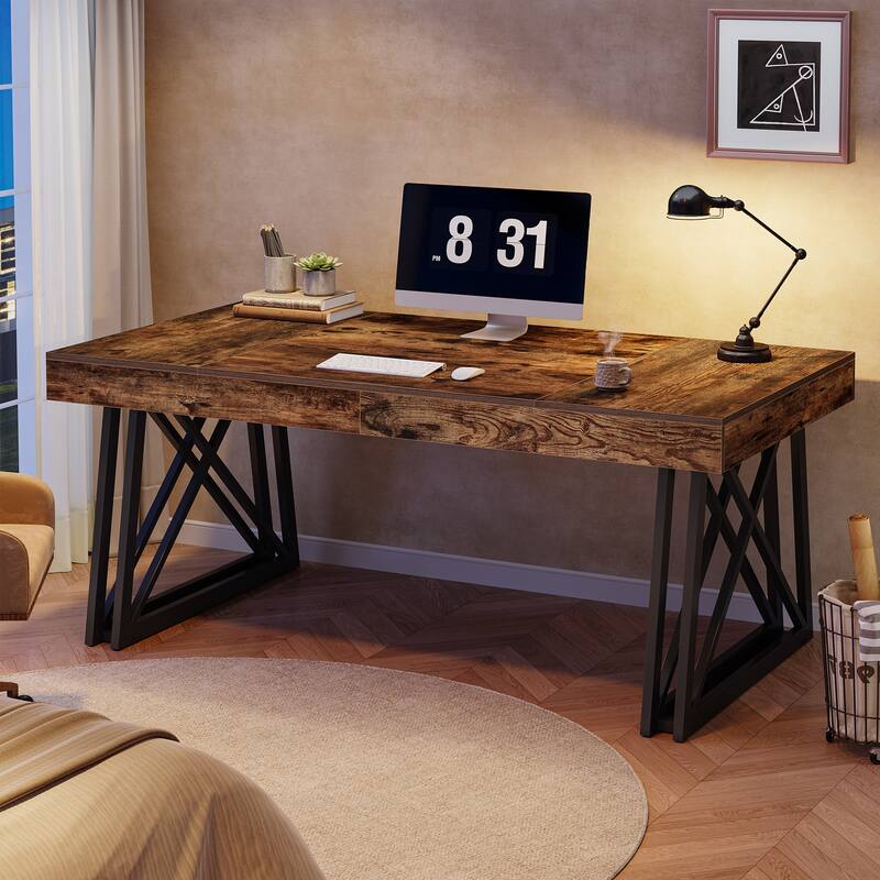 63 Inch Executive Desk, Farmhouse Office Computer Desk with Sturdy X-Shaped Legs