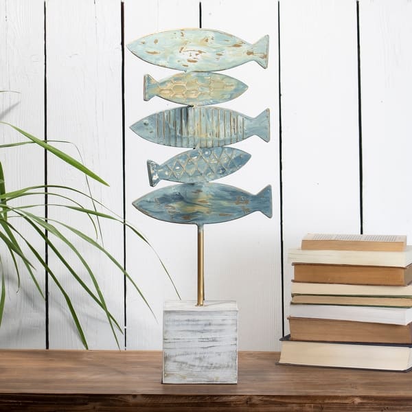 Wooden Fish Sculpture Home Decor | Surgeon Fish Statue on Base Stand |  Coastal Beach House Decor Art Piece | Rustic Centerpiece Table Decor for