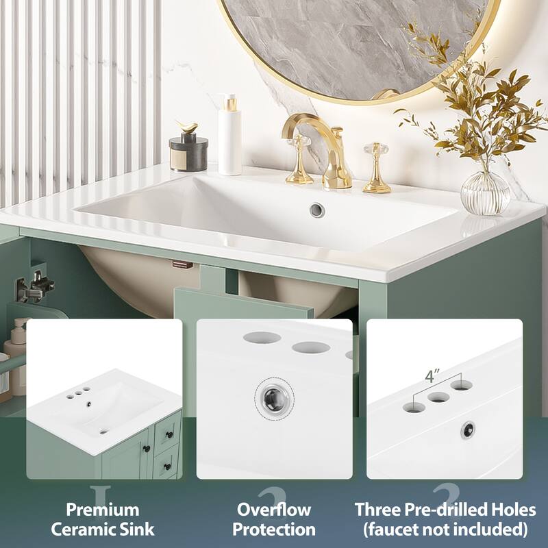 24 Inch Single Sink Bathroom Vanity, Integrated Ceramic Basin Bathroom Storage Cabinet
