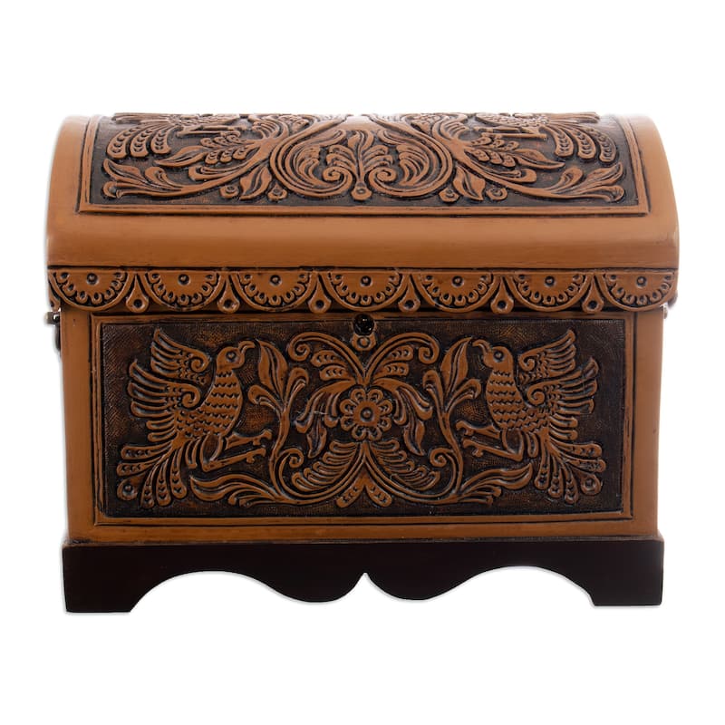 Novica Handmade Andean Flowers And Birds Cedar And Leather Decorative Box