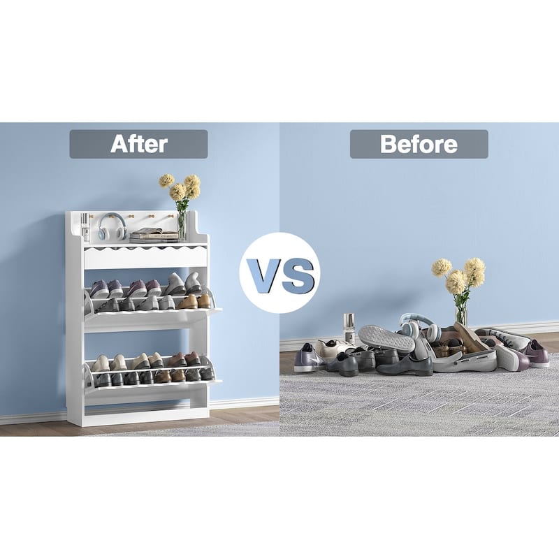 16 Pairs Shoe Storage Cabinet Freestanding Shoe Rack Organizer with 2 Flip Drawers for Entryway - 2-Tier