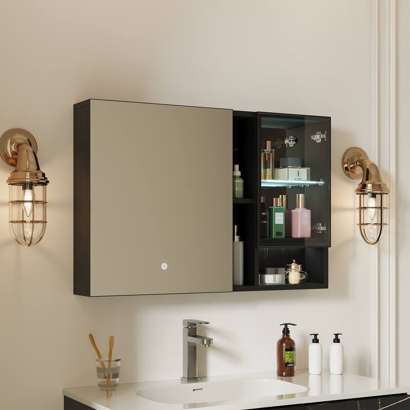 Recessed Mount Aluminum Frameless Medicine Cabinet With Glass Door, Adjustable LED Light, Mirrored Door, And Fixed Shelves