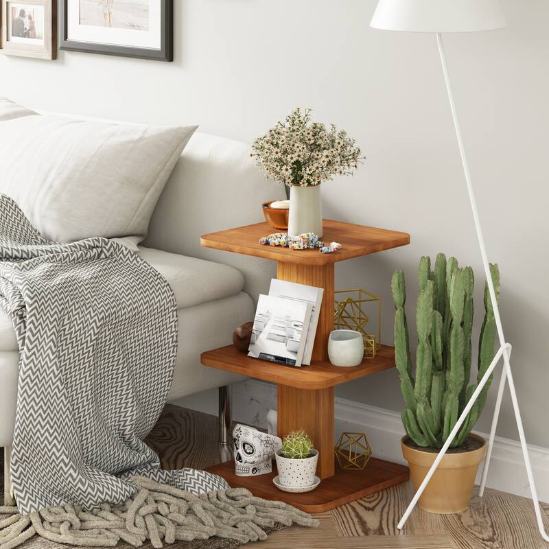 COZAYH Modern Minimalist Wooden End Table Featuring 3 Open Shelves, Farmhouse Plant Stand, Compact Bookshelf for Living Room