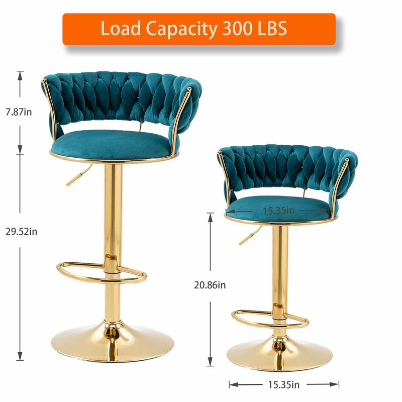 HOMEFUN Velvet Adjustable Height Swivel Armless Bar Stools With Golden Footrest(set of 2)