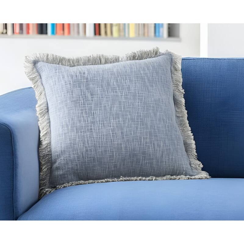 22" Blue Cotton Throw Pillow With Fringe - Accent - Polyester