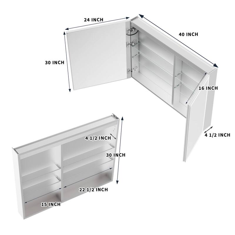 Modland 36"-48"W x 30"H LED Bathroom Medicine Cabinet Dimmable Anti-Fog,Recessed or Surface Mount
