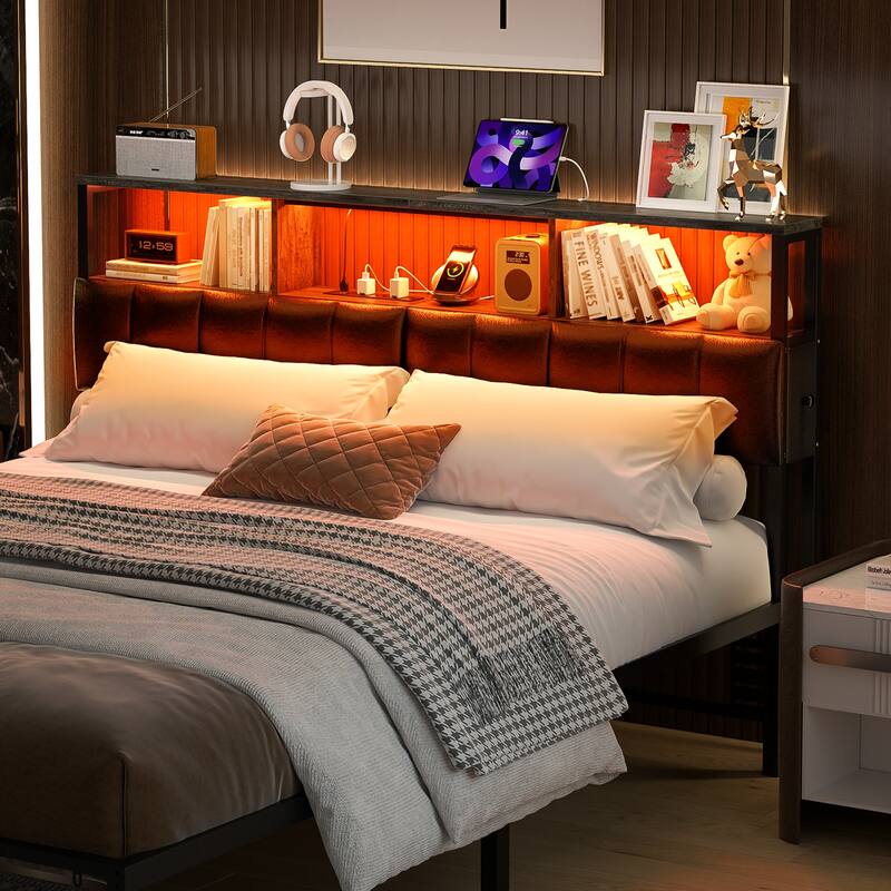 Upholstered Headboard with Hidden Drawer, Head Board with Power Outlet and LED Light