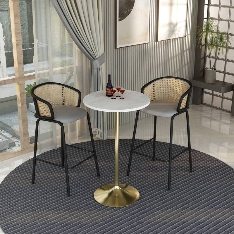 LeisureMod Verve Round Bar Dining Table with White Resin TableTop and Gold Steel Base for Kitchen & Dining Room