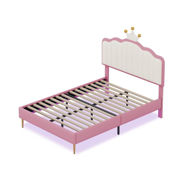 Twin/Full Size Upholstered Kids Princess Bed with Crown Headboard, PU Leather Platform Bed Frame with Light Strips