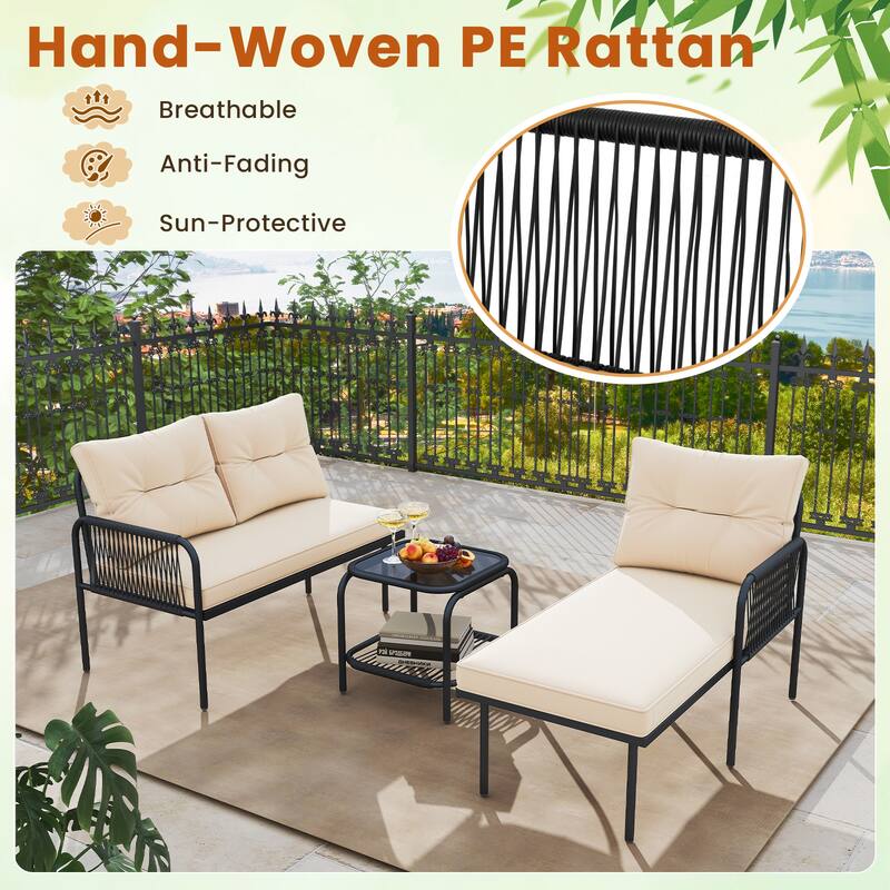 Gymax 3-Piece L Shaped Patio Furniture Set w/Tempered Glass Table Back