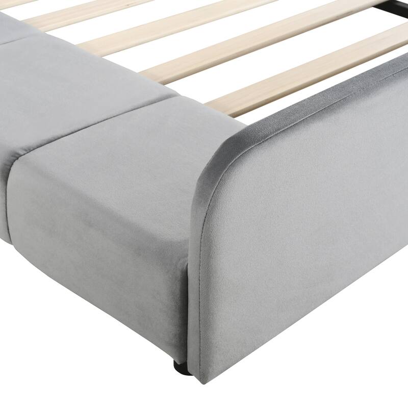 Velvet Upholstered Queen Platform Bed with Bedside Desk and Stool, Mother & Child Design in Gray