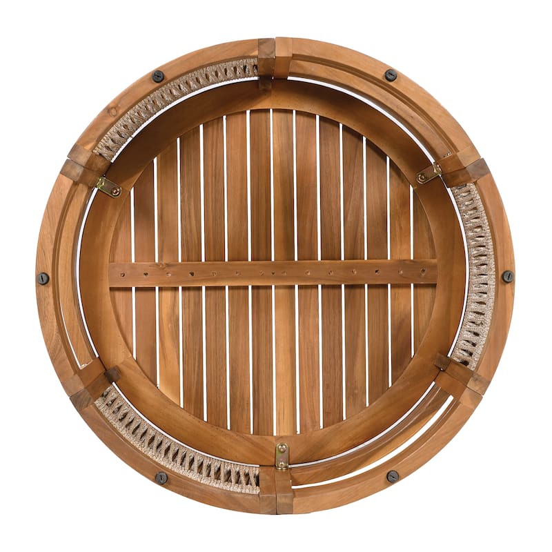 Roomfitters Acacia Wood Outdoor Coffee Table, Round Patio Table with Handwoven Rope Accents, Teak