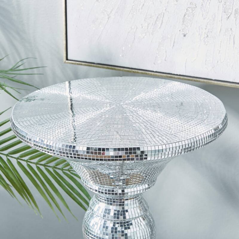 Glass Mosaic Mirrored Turned Floor Pedestal Table - Silver - Roche River Decor