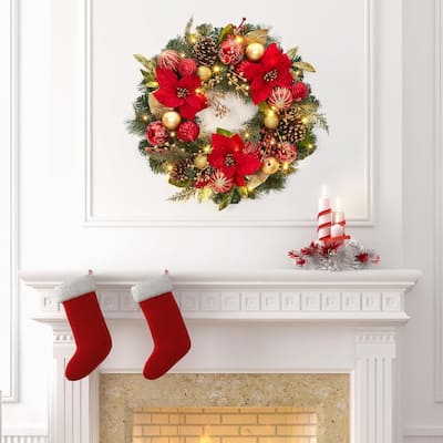 24 Inch Christmas Wreath with Lights for Front Door Wall Decor - N/A