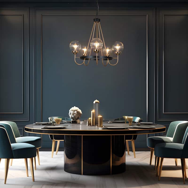 Modern Farmhouse 5-Light Black Gold Chandelier Wheel Shape Pendant Lights for Dining Room - 22" D x 21.5" H