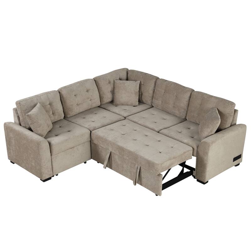 82.6" Convertible L-Shaped 5 Seater Sectional Sofa with Wheels, Pull-Out Bed, USB Ports and Power Sockets