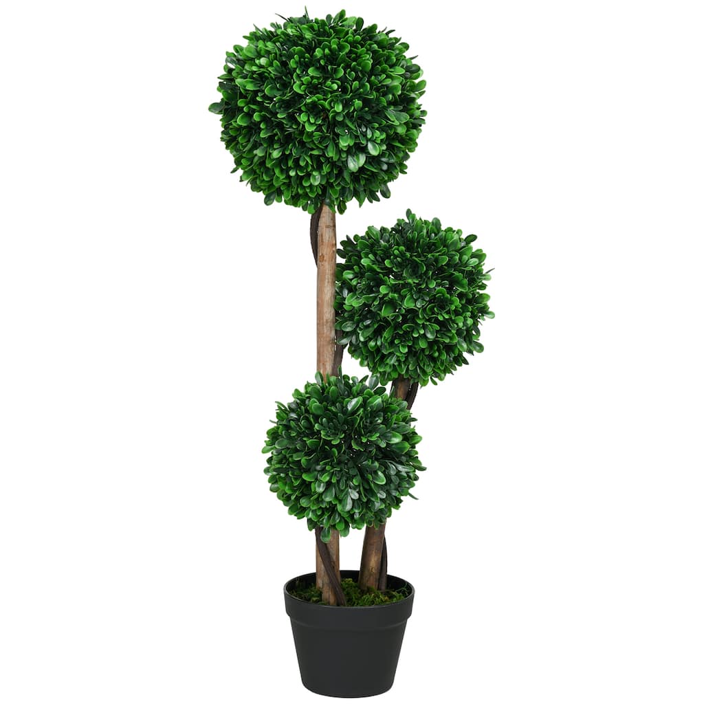 3ft/35.5" Artificial 3 Ball Boxwood Topiary Tree with Po