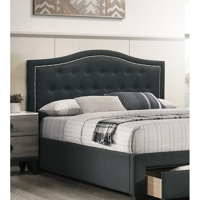 Charcoal Burlap Fabric 1pcs Queen Size Bed w Drawer Button Tufted Arch Design Headboard Storage FB Bedframe Bedroom Furniture