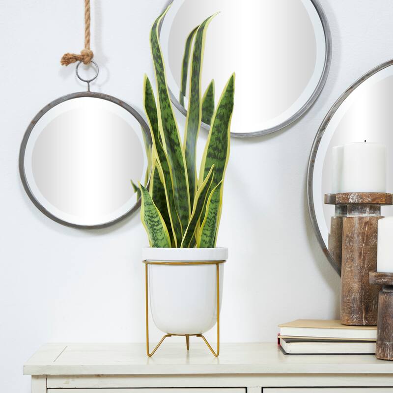 Green Faux Foliage Artificial Plant with Realistic Leaves and White Porcelain Pot and Gold Stand - 12.50 x 13.50 x 25.00 - Green