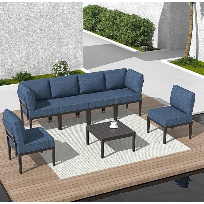 Kullavik 7 Piece Outdoor Furniture Set, Modern Metal Sectional Sofa with Thick Cushions and Coffee Table - Navy Blue - 7Pcs