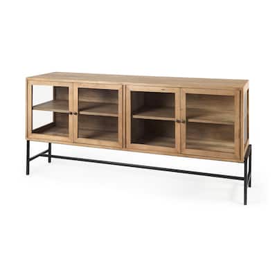 Arelius Light Brown w/ Black Metal Base 4 Door Glass Cabinet Sideboard - 70.0L x 18.0W x 32.0H
