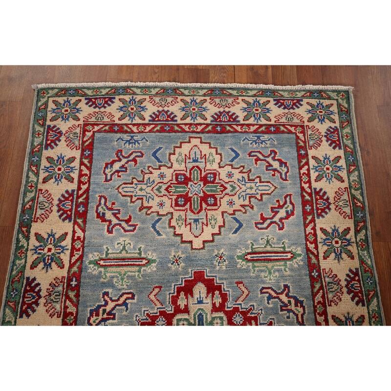 Light Blue Traditional Kazak Foyer Rug Hand-Knotted Wool Carpet - 3'3" x 4'11"