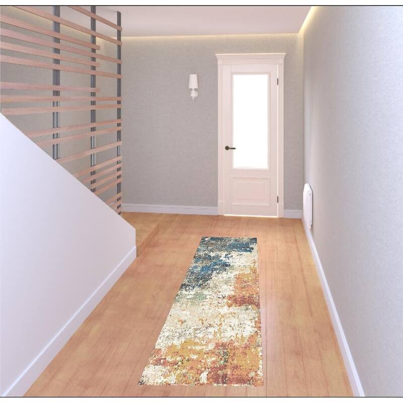 Cewe Distressed Abstract Modern Stain Resistant Woven with Fringe Area Rug By HomeRoots - 89' X '25' X '0.39 - Cream/Onyx - Runner