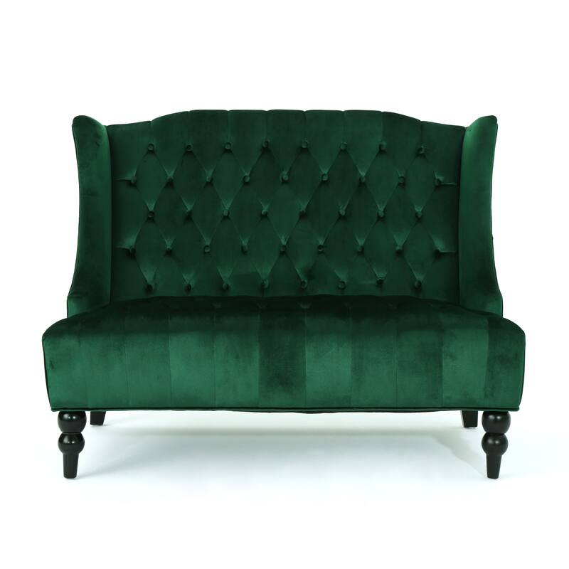 Emerald 50.25" Velvet Button Tufted High Wingback Loveseat Sofa with Wood Legs for Living Room