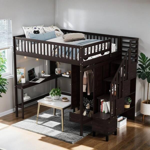 slide 2 of 50, Playhouse Inspired Full size Loft Bed with Bookshelf, Drawers, Desk and Wardrobe, Sturdy Construction & Unique Design, Espresso Espresso