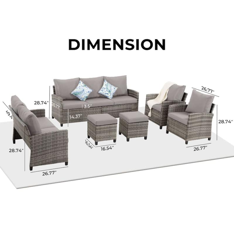 6pcs Wicker Patio Conversation Set Seating Loveseat Sofa with Ottomans