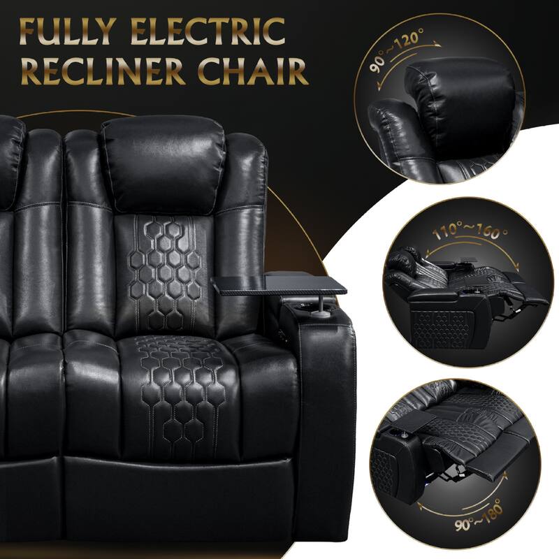 Roomfitters 62" Power Recliner Set (2-Piece), Top-Grain Nappa 11000 Leather, RGB LED & USB-C Charging, Black