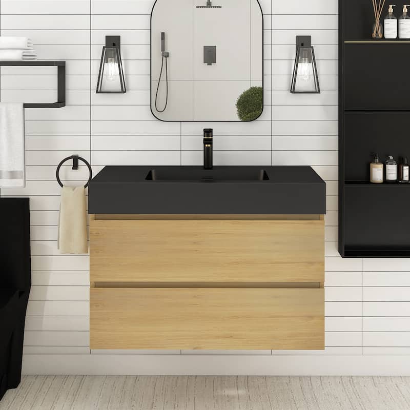 Floating Bathroom Vanity with Black Solid Surface Top - 35.8'' x 18.1'' x 25.2'' - Oak