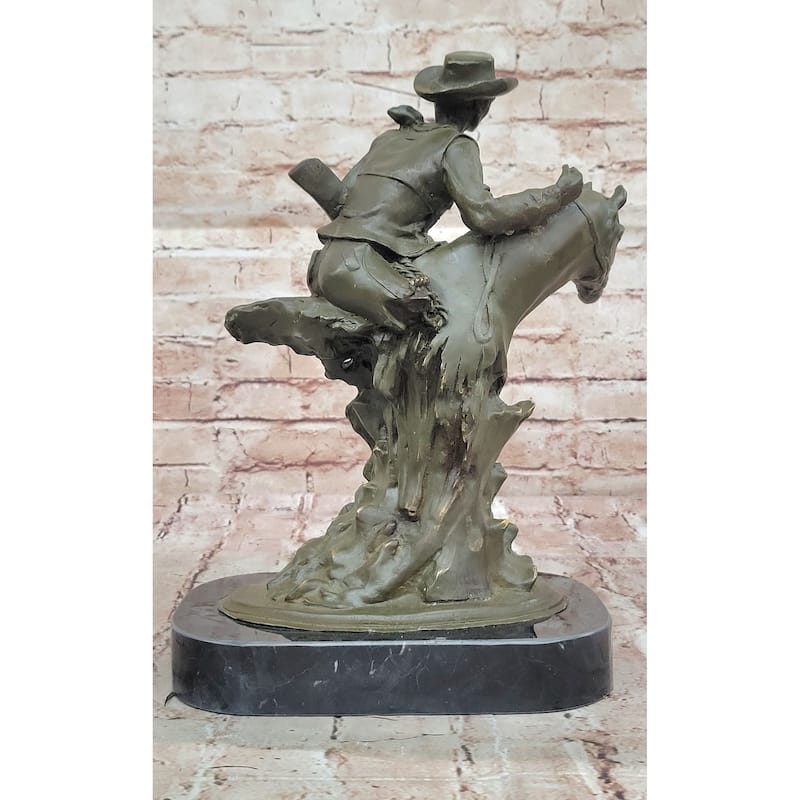 Cowboy With Rifle On Rearing Imitative Horse Bronze Sculpture - Wild West Equestrian Art
