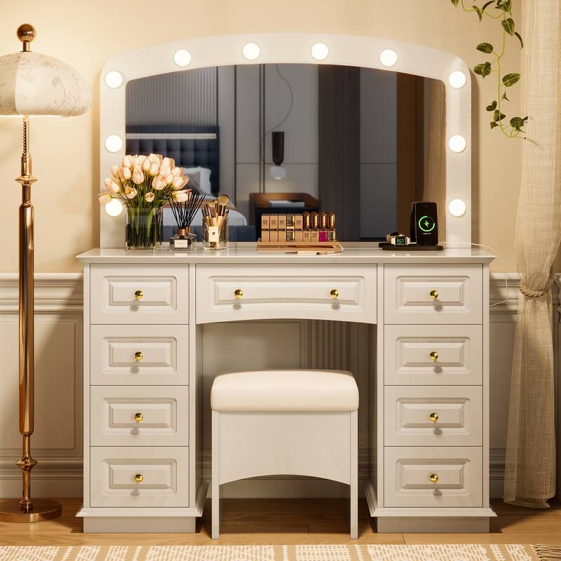 Vanity Desk with 10 Hollywood Bulbs & Stool, Multi-functional Vanity Set, Dressing Table with Charging Station & 9 Drawers - White