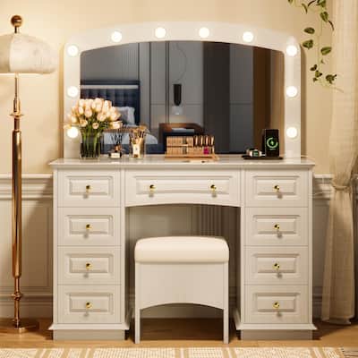 Vanity Desk with 10 Hollywood Bulbs & Stool, Multi-functional Vanity Set, Dressing Table with Charging Station & 9 Drawers