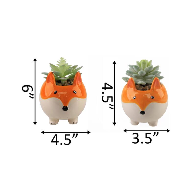 Faux Succulent in 3.5" Small Orange Fox Ceramic Planter,Set of 2 - ONE-SIZE