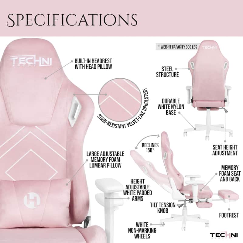 Modern Designs Pink Velvet Gaming Chair With Folding Footrest