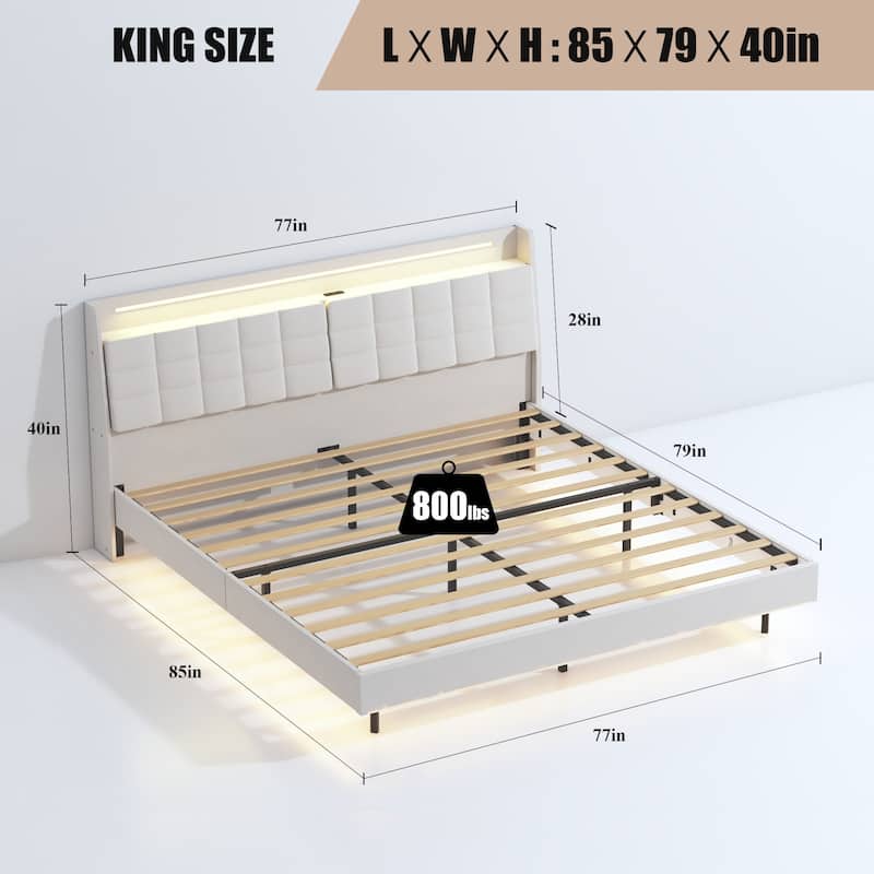 Floating Bed Frame Platform Bed w/Storage Headboard, Light Strip, Charging Ports, Upholstered Bed Frame with Metal Support,Beige