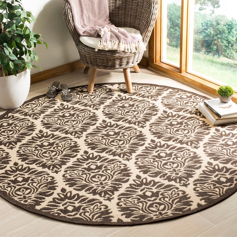 SAFAVIEH Linden Alison Indoor/ Outdoor Waterproof Patio Backyard Rug - 6'7" Round - Creme/Brown