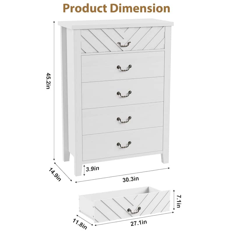 Farmhouse 5-Drawer Dresser for Bedroom, Freestanding Vertical Wooden Storage Chest