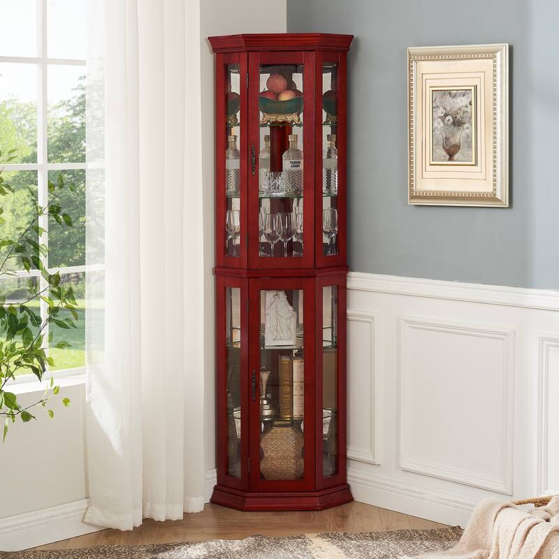GDFStudio - Traditional Storage Corner Curio Cabinet with Lighted Glass Shelves