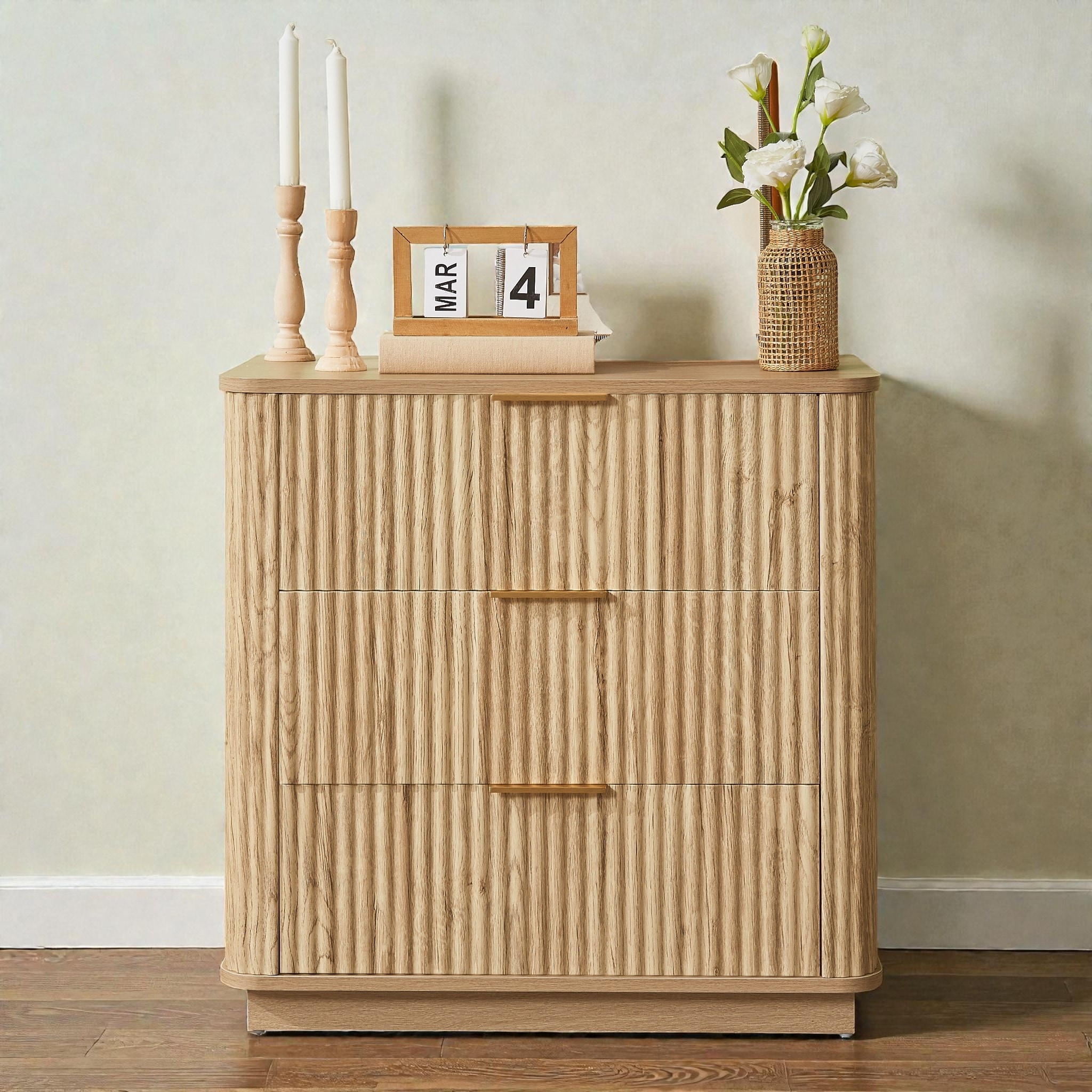 Modern 3 Drawer Dresser with Curved Wavy Panels, 27.56 Inch Wide Chest of Drawers Nightstand for Bedroom