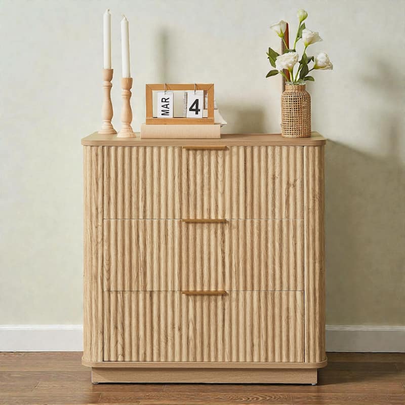 Modern 3 Drawer Dresser with Curved Wavy Panels, 27.56 Inch Wide Chest of Drawers Nightstand for Bedroom - Oak