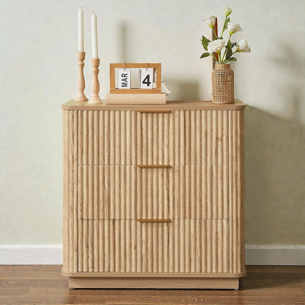 Modern 3 Drawer Dresser with Curved Wavy Panels, 27.56 Inch Wide Chest of Drawers Nightstand for Bedroom