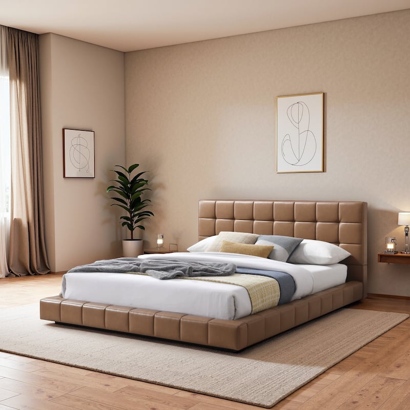 Hannover Vegan Leather Upholstered Platform Bed - Queen - Tan Leather