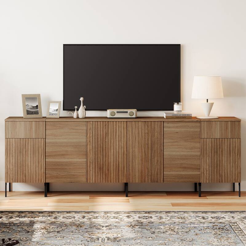94.5" Modern Reeded Dresser TV Stand For Tvs Up To 100 Inch, Entertainment Center With Charging Station - Walnut