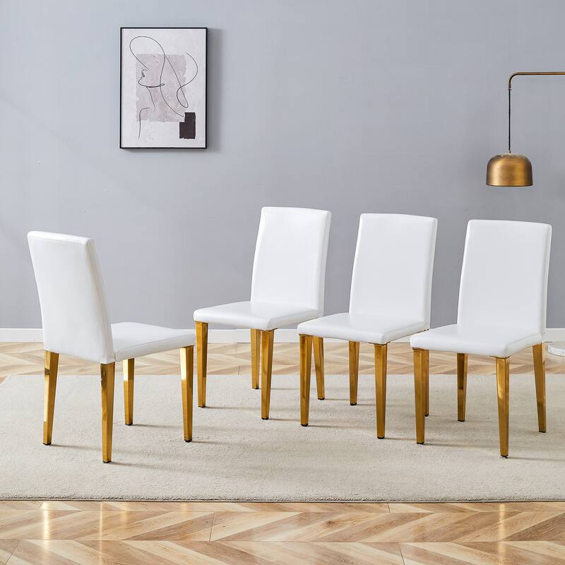 4 White PU dining chairs,Golden Metal Legs.Simple and versatile, comfortable and accompanied