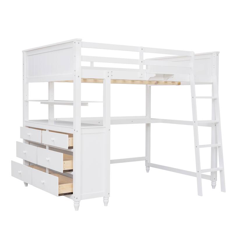 Full Size Loft Bed with Desk, Drawers & Ladder, Wooden Loftbed Frame
